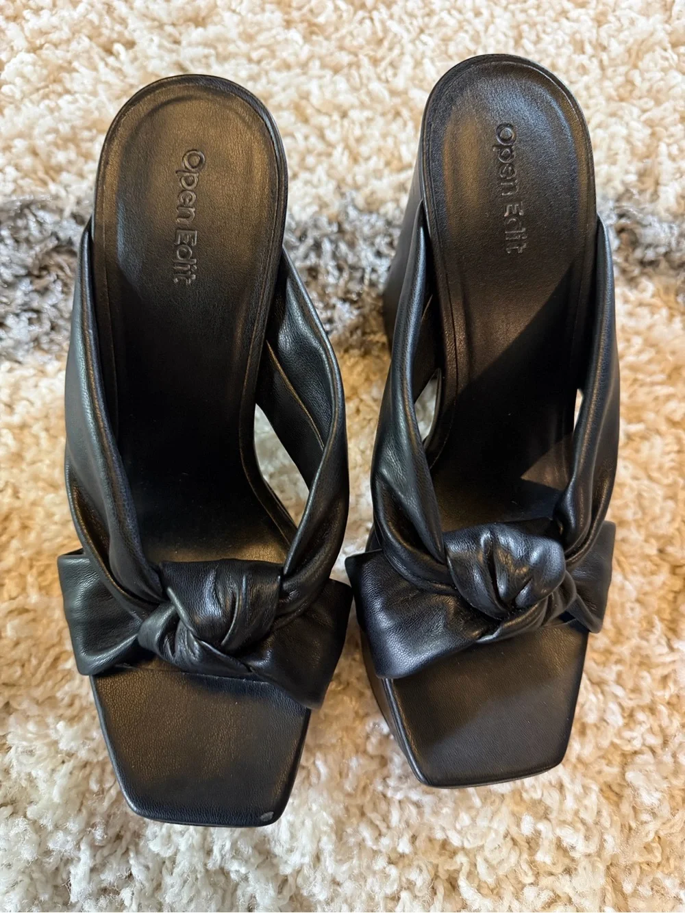 Black Knotted Platform Block-Heel Sandals for Women
